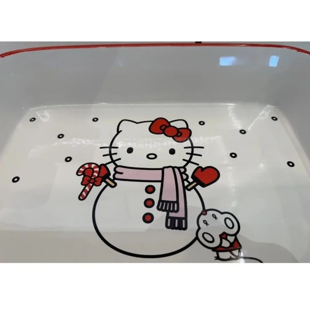 NEW Hello Kitty‎ Christmas Snowman Ceramic Dish Baking 12”x9” Candy Canes Hearts